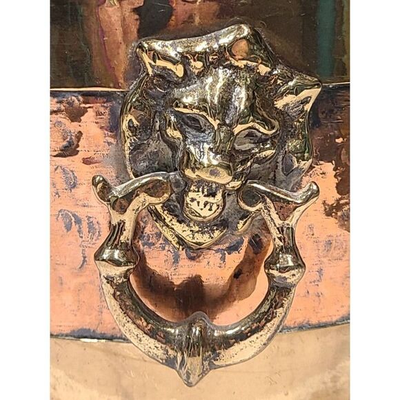 French Lion Hammered Copper Brass Jardiniere Planter Knocker Handles Décor 7"x9" - Picture 14 of 16